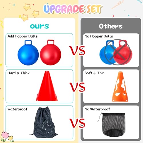JOY SPOT! Carnival Outdoor Games Combo Set for Kids, 18 Inch Hopper Balls with Handles, Ring Toss, Bean Bags, Egg Spoon Relay Race, Fun for Backyard, Field Day, School, Birthday Parties, Family Events - style: Standard