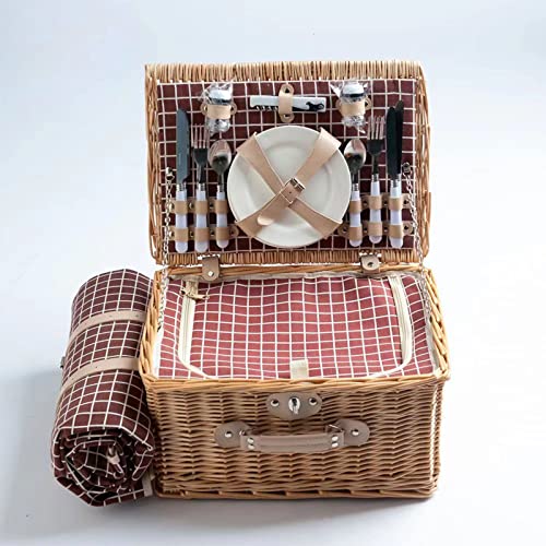 Willow Picnic Basket Set for 4 Persons with Large Insulated Cooler Bag and Waterproof Picnic Blanket, Wicker Picnic Hamper for Camping,Outdoor,Gift,Wedding,Valentine Day,Red - color: Red