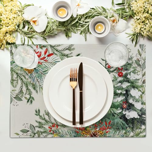 Christmas Placemats Set of 4, 12x18 Inch Winter Xmas Pine Branches Red Berry Bells Washable Heat-Resistant Cotton Linen Place Mats for Farmhouse Kitchen Dining Party Table Decor - color: Pine Bells