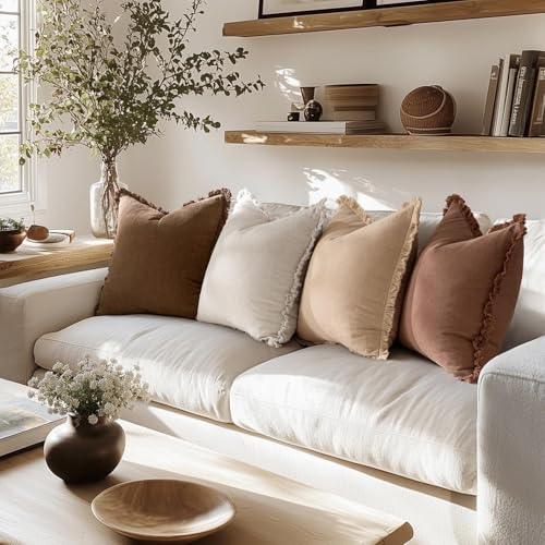 MIULEE Decorative Couch Pillow Covers Neutral Linen Fringe Throw Pillows Set of 4 Accent Rustic Cushions Boho Farmhouse Pillowcases for Bed Sofa Living Room Spring Home Decor 24x24 Inch Beige/Brown - color: Brown, size: 24" x 24" (Pack of 2)