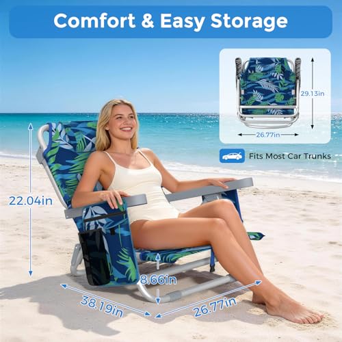 5-Position Backpack Beach Chair for Adults with Lumbar, Foldable Tall Heavy-Duty Beach Chairs with Cooler Bag,Cup Holder,Towel Rack for Beach, Camping, Outdoor (1, Blue&Green) - color: Blue&green, size: 1 pack