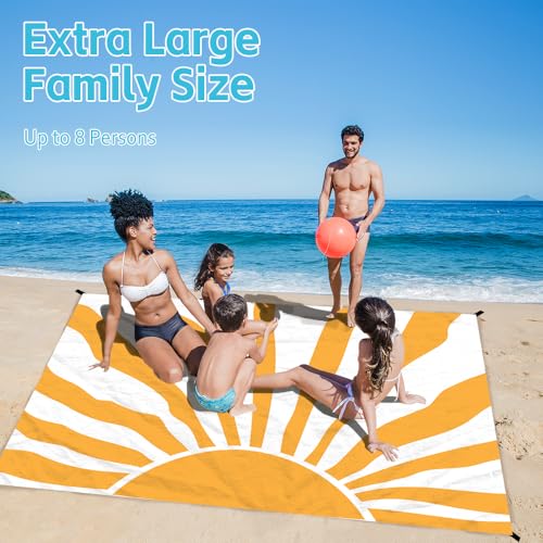Beach Blanket Waterproof Sandproof Oversized Extra 110" * 118"/ 9 * 10 Ft Sand Free Beach Mat with Stakes, Storage Bag - Essentials for Outdoor Beach, Picnic,Quick Drying Durable - color: Sun, size: 9x10 FT (1～8 Person)