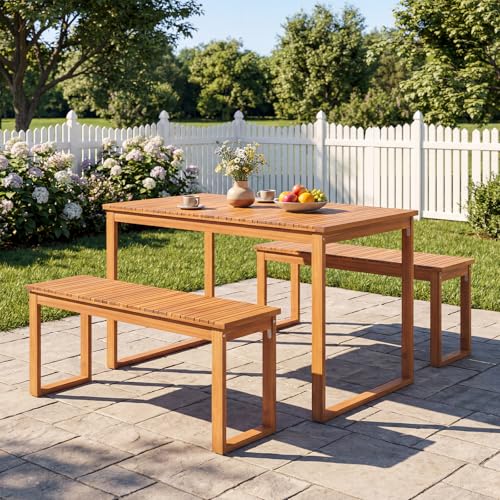 Tangkula 3 Pieces Patio Wooden Dining Set, Acacia Wood Rectangular Picnic Beer Table with 2 Benches for 4 People, Outdoor Dinner Furniture Set for Backyard, Garden and Poolside