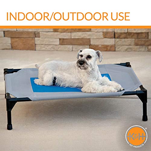 K&H Pet Products Coolin' Pet Cot, Outdoor Cooling Elevated Dog Cot for Medium Dogs, Raised Bed with Cool-Core Center, Portable Pet Platform with Heavy-Duty Metal Frame - Medium Gray/Blue - size: Medium, style: Cooling Cot