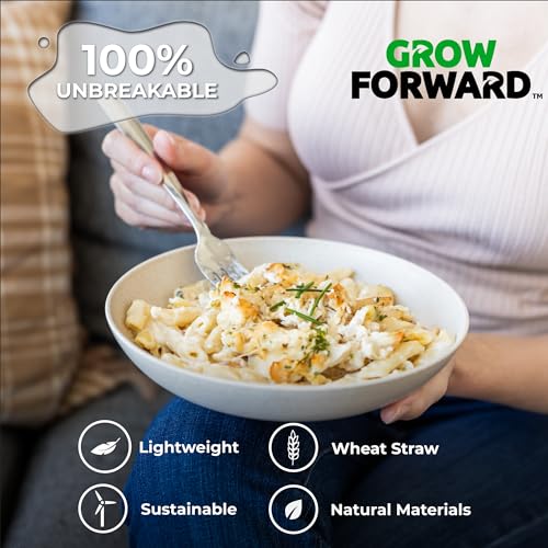 Grow Forward Premium Wheat Straw Pasta Bowls - 42oz Unbreakable Wide & Shallow Dinner Plate Bowls Set of 6 - Microwave Safe Reusable Plastic Pasta Bowls for Kids, Adults, Salad, Camping, RV - Sahara - color: Sahara Beige, size: 42oz