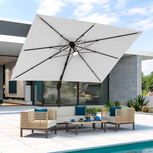 JZAC & QZYD 9x12 FT Outdoor Cantilever Patio Umbrella with LED Lights, Large Heavy Duty 2-Tier Aluminum Offset Umbrellas with 360-Degree Rotation for Pool Deck, FogGrey - color: FogGrey, size: 9'×12'