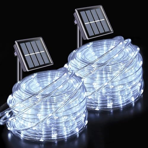 JMEXSUSS 2 * 200 LED White Solar Rope Lights, 66ft IP 65 Waterproof Solar String Light Outdoor, 8 Modes Christmas Lights for Camp Trampoline Ladder Slide Tent - color: White, size: 2*200 LED
