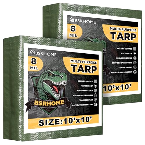 Tarps Waterproof 10x10 Feet, 2 Pack Heavy Duty Green Tarp Cover 8 Mil Thick, Resistant Plastic Tarpaulin with Metal Grommets, Outdoor Tent Cover for Emergency Rain - color: Green-8mil, size: 10'x10' 2pk