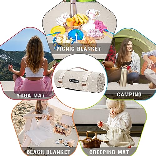 G GOOD GAIN Picnic Blanket Waterproof, Linen Feel Outdoor Blanket Extra Large - Foldable Beach Mat with Carry Strap for Camping, Park, Travel (White Flower) - color: White Flower