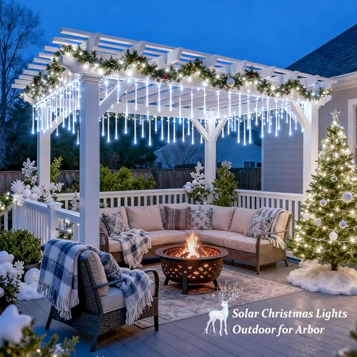 JMEXSUSS White Solar Christmas Lights, 8 Tube 144 LEDs Solar Meteor Shower Lights Outdoor, White Christmas Light for Tree Wedding Xmas Holiday Party Patio GazeboDecor - color: Cool White, size: 1*144LED