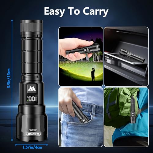 WdtPro Flashlight LED Rechargeable 2 Pack, 3 Modes Super Bright Flashlights High Lumens, Zoomable Tactical Linternas with LCD Digital Display, Powerful Handheld Flashlights for Home Emergency Camping - color: Black