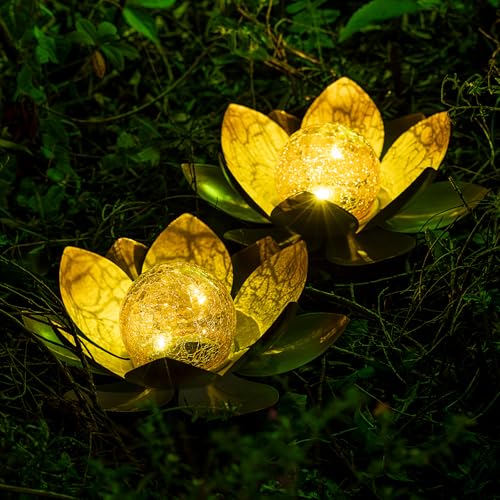 AIINY Garden Solar Lights Outdoor(2Pack), Amber Crackle Globe Glass Lotus Decoration, Waterproof Orange Metal LED Flower Lights for Patio,Lawn,Walkway,Tabletop,Ground, Garden Gifts for Women - color: Orange