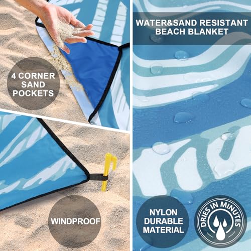 WIWIGO Beach Blanket Waterproof Sandproof Beach Mat 79" X 83"/10'x9'for 2-8 Adults Quick Drying Outdoor Picnic Mat Beach Accessories for Travel, Camping, Hiking - color: Blue Sea Turtle - Line Base, size: 79" X 83"（1-4person）