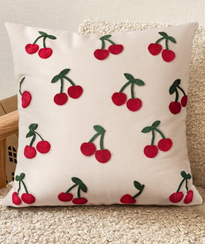 Embroidered Throw Pillow Cover 18x18 Inch - Spring Summer Boho Decorative Pillow Cover with Zipper for Living Room Couch Sofa Bed Aesthetic Design Little Cherry Cushion Pillowcase - color: Little Cherry, size: 18" x 18" (Pack of 1)