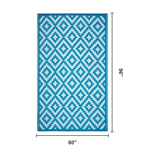 FH Home Outdoor Rug - Waterproof, Fade Resistant, Reversible - Premium Recycled Plastic - Geometric - Patio, Porch, Deck, Balcony - Aztec - Teal & White Crease Free - 5 x 8 ft - color: Aztec - Teal & White, size: 5' x 8' (Rectangular)