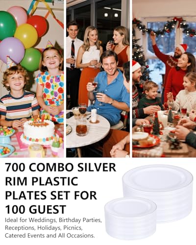 GATHER 700PCS Silver Plastic Plates - Silver Disposable Dinnerware Sets 100 Guest Include 200 Plates, 300 Silverware, 100 Napkins, 100 Cups For Wedding & Party - color: Silver, size: 100 Guests