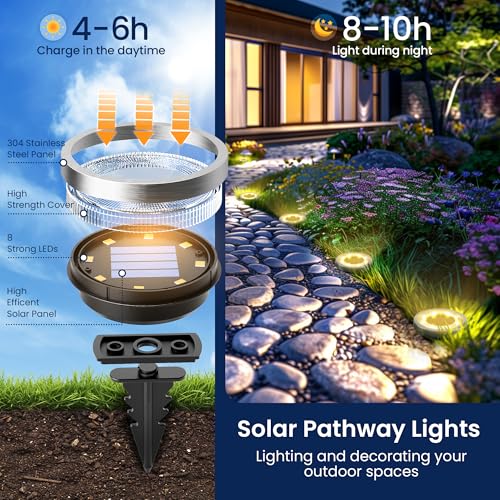 SOLPEX 10 Pack Solar Ground Lights Outdoor Waterproof, Solar Powered Pathway Lights, Landscape Lighting for Garden Walkway Driveway Backyard Decor (Warm White) - color: Warm White, size: 10 Pack