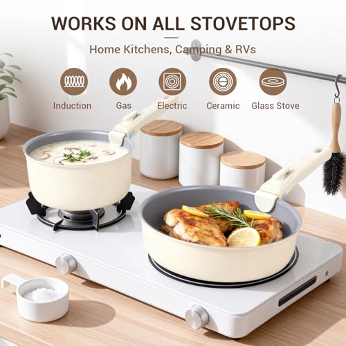 Ammeloo 18-Piece Ceramic Pots and Pans Set Non Stick, Non Toxic Cookware Set with Removable Handles, Pot Sets for Cooking, Induction Ready, Dishwasher & Oven Safe, PFAS PFOA & PTFE Free (Cream White) - color: Cream White