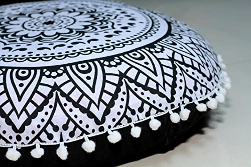 ICC 32 Inch Floor Pillows & Cushion Covers, Decorative Hippie Mandala Pouf Pillow Cover Bohemian Seating Meditation Cushion Cover, Large Boho Ottoman Case Pillowcase for Couch Round (Black Flower) - size: 32" x 32" (Pack of 1), style: Black Flower