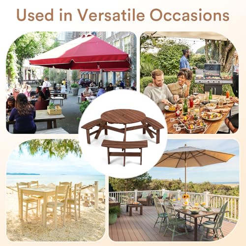 Zevemomo 6 Person Wood Picnic Table, Round Tabletop with Umbrella Hole, 3 Built-in Curved Benches, 1720LBS Total Capacity for Patios, Backyard, Brown - color: Brown, style: 6-Person