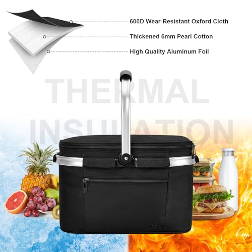 ALLCAMP Picnic Basket - Insulated Cooler, Thickening Foldable Picnic Basket with Removable Baskets & Sewn-in Frame, Basket for House Warming Gifts New Home(Jet Black) - color: Jet Black, size: Medium