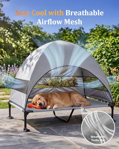 Elevated Outdoor Dog Bed with Canopy, Raised Dog Cot with Stable Adjustable Feet, Dog Camping Bed with Larger Shade, Lifted Dog Tent Bed with Canopy for Outside - color: Grey, size: X-Large