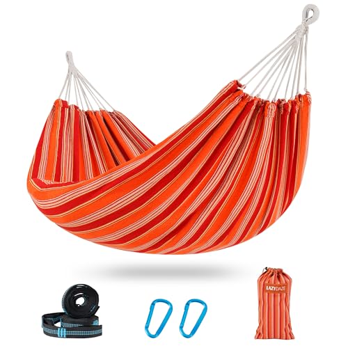 Lazy Daze Hammocks Double Brazilian Cotton Hammock, Extra Large Portable Outdoor Camping Hammock with Tree Straps & Travel Bag for Backyard Patio Poolside Indoor, 550lbs Capacity, Red Stripe - color: Red Stripe