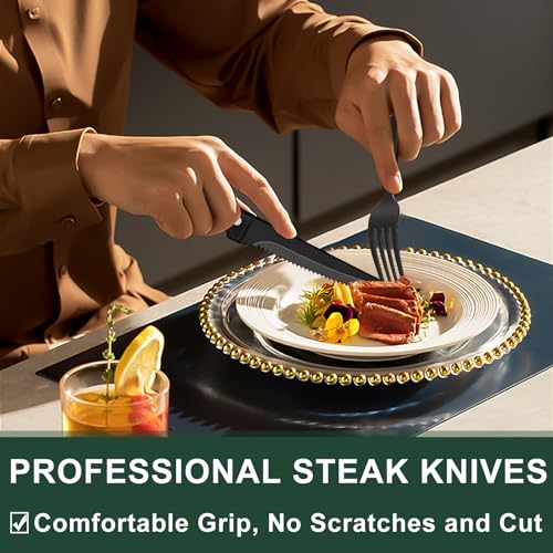 EWFEN 24-Piece Black Silverware Set with Steak Knives, Black Flatware Set for 4, Food-Grade Stainless Steel Tableware Cutlery Set, Mirror Finished Utensil Sets for Home Restaurant, Wave Hammered - style: Wave Hammered