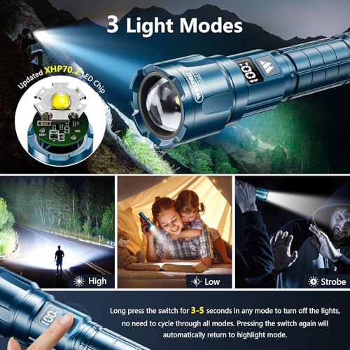 WdtPro LED Rechargeable Flashlight 2 Pack, 3 Modes Super Bright High Lumens Flashlights, Zoomable Tactical Flash Light with LCD Display, IP65 Waterproof Flashlights for Home Emergency Camping - Blue - color: Blue