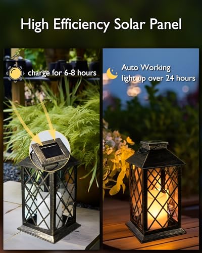 Homemory Solar Lanterns Outdoor Waterproof Hanging with Flickering Flameless Candles, 2 Pack Garden Outdoor Lantern Decorative for Patio Front Porch Backyard Balcony Cabin Outside (Bronze) - style: Bronze