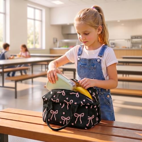 LEDAOU Lunch Box for Women Insulated Lunch Bag Corduroy Lunch Tote Bags Leakproof Cooler Lunch Case for Travel Work Picnic (Bow Tie Black) - color: Bow Tie Black
