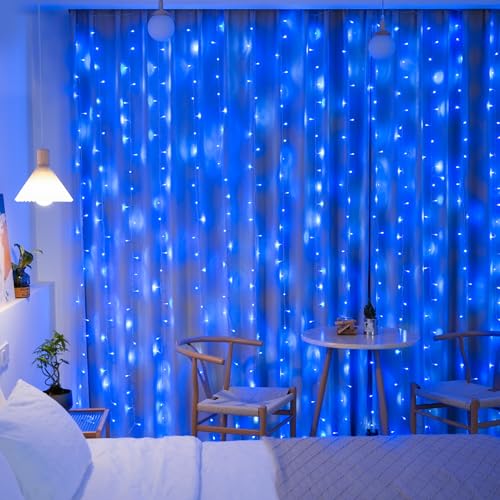 JMEXSUSS 300LED Curtain Lights, Blue Christmas Lights with Remote, Blue String Lights for Bedroom Wall Window Backdrop Garden Indoor Outdoor Pool Patio Yard Porch Decorations, 9.8x9.8ft - color: Blue, size: 300 LED