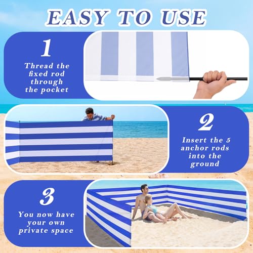 25 x 4 FT Beach Wind Screen Long Blue White Privacy Screen Portable Beach Wind Fence Blocker with 5 Foldable Metal Poles and Carry Bag for Summer Outdoor Sand Protection