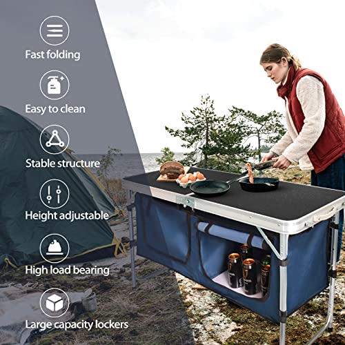 CampLand Outdoor Folding Table Aluminum Lightweight Height Adjustable with Storage Organizer for BBQ, Party, Camping - color: Black
