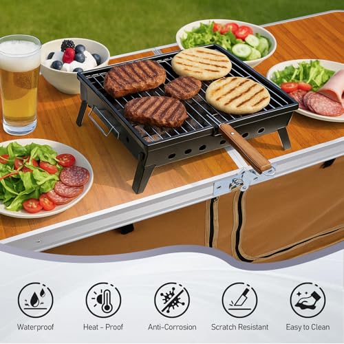 VINGLI 4 Ft Folding Table, Aluminum Camping Table, Picnic Table with Storage, Adjustable Height for Outdoor Beach BBQ Backyards Travel Party (Brown) - color: Brown