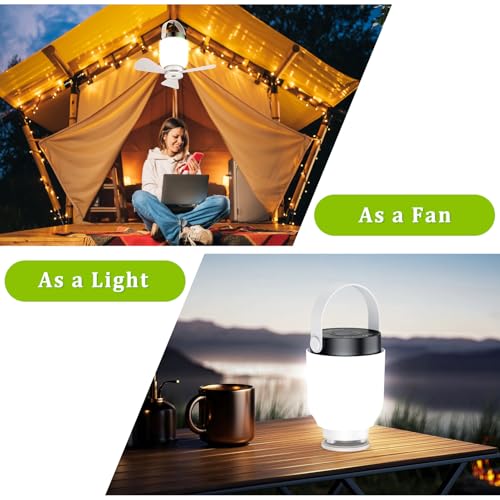 Rechargeable Camping Fan with LED Lantern, 2 in 1 Portable Small Ceiling Fan with Light for Outdoor Tent Gazebo Patio RV, USB C Battery Powered White Fan with Remote, Detachable 3 Blade Hanging Fan