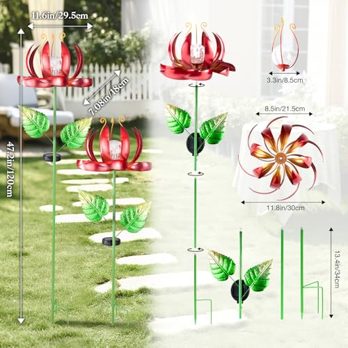 Solar Yard Lights Wind Spinners- Metal Lotus Flower Garden Decor LED Crackle Glass Globe Yard Art Sculpture Solar Stake Lights for Patio Pathway Lawn Walkway (Red-Large) - color: Red-large