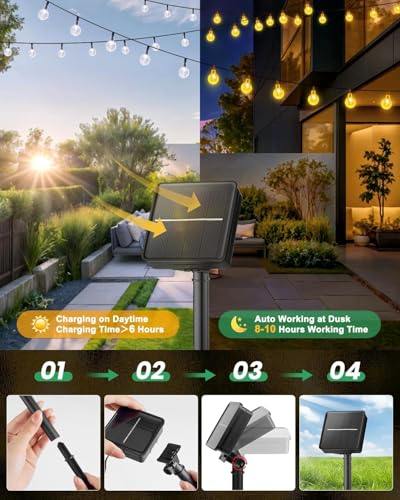 Solar String Lights Outdoor 60 LED 36FT with 8 Lighting Modes, Waterproof Solar Powered Crystal Globe Patio Lights for Garden Yard Porch Wedding Party Decor (Warm White) - color: Warm White, size: 1 pc