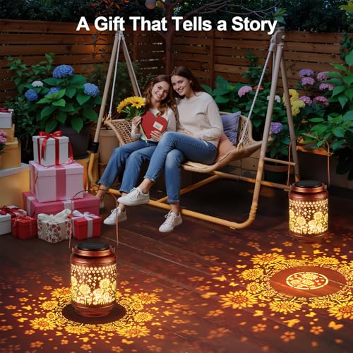 KOOPER 2 Pack Solar Lanterns Outdoor Waterproof Mothers Day Gifts for Women Mom Grandma, Metal Sunflower Hanging Solar Lantern Outdoor, 2 Modes Outdoor Decoration for Yard, Patio, Garden, Porch - size: Bronze, style: Sunflowers