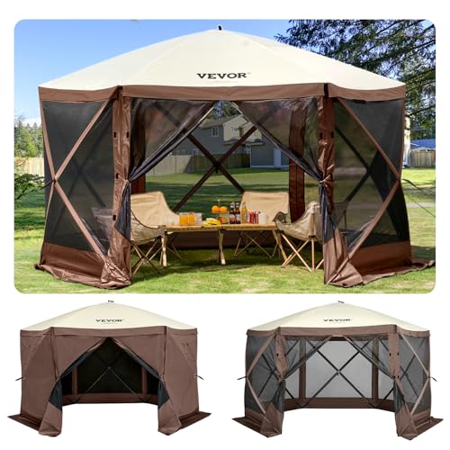 VEVOR Pop Up Gazebo Screen Tent 6 Sided Canopy Sun Shelter with 6 Removable Privacy Wind Cloths & Mesh Windows, 11.5x11.5FT Quick Set Screen Tent with Mosquito Netting, Brown - color: Brown, size: 11.5x11.5ft