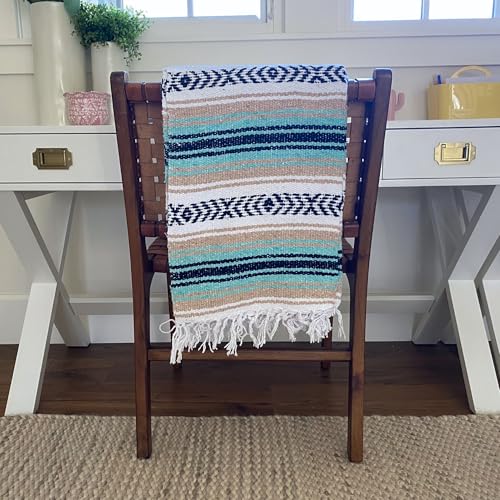 Del Mex Classic Mexican Blanket, Large Authentic Woven Falsa Throw (70"x50"), Artisan Southwest Décor for Beach, Yoga, Outdoors (Mint/Tan) - color: Mint/Tan