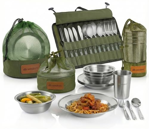 Wealers Unique Complete Messware Kit Polished Stainless Steel Dishes Set| Tableware| Dinnerware| Camping| Buffet| Includes - Cups | Plates| Bowls| Cutlery| Comes in Mesh Bags (4 Person Set) - color: Green