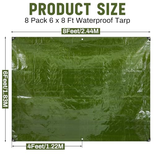 8 Pack 6 x 8 ft 5.5 Mil Large Tarps Heavy Duty Waterproof Tarp Multi Purpose Tent Cover for Home Boats Cars Camping Patio Furniture Roof Emergency Rain Protective Cover, Army Green - color: Army Green, size: 6 x 8 ft