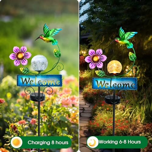 Hummingbird Garden Decorations for Outside, Solar Waterproof Stake Lights with Welcome Sign for Yard Lawn Patio Pathway, Warm Gifts for Mom Grandma Housewarming (Hummingbird) - style: Hummingbird