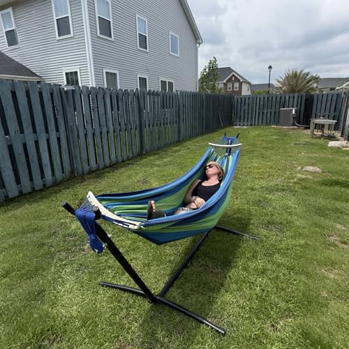 SZHLUX Double Hammock with Stand Included 450lb Capacity Steel Stand, Premium Carry Bag Included.Indoor Outdoor Brazilian-Style Cotton Bed for Backyard, Camping,Garden,Green - color: Green