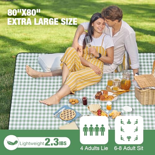 G GOOD GAIN Picnic Blankets Outdoor Extra Large - 80"x80" Portable Waterproof Picnic Blanket, Machine Washable 3-Layer Foldable Park Mat with Sandproof Backing for Grass, Hiking, Travel (Olive Green) - color: Olive Greed