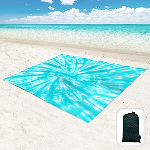 Beach Blanket Waterproof Sandproof Oversized 95”x 80”,Sand Free Beach Mat with Corner Pockets,Portable Mesh Bag for Beach Festival,Picnic,Travel and Outdoor Camping (Tiffany) - color: Tiffany