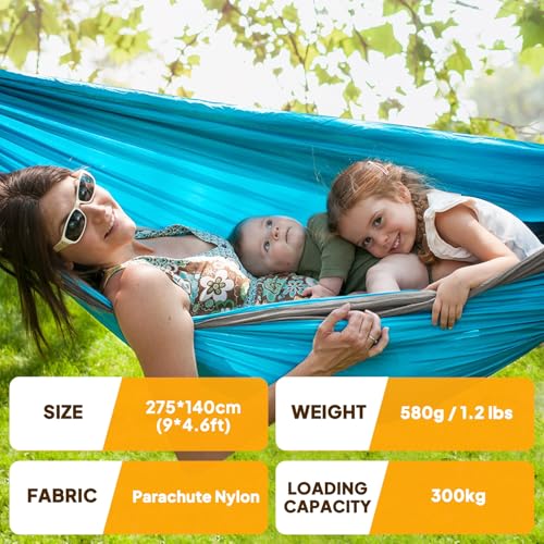 NATUREFUN Ultra-Light Travel Camping Hammock | 300kg Load Capacity,Breathable,Quick-Drying | 2 x Premium Carabiners,2 x Nylon Slings Included | Outdoor Indoor Garden - color: Azure/Grey, size: 275x140cm
