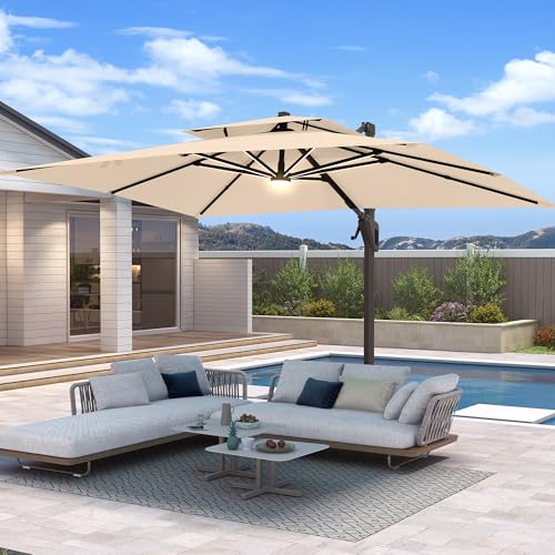 10 X 13 FT Cantilever Patio Umbrella with Led Lights Outdoor Rectangle Offset Large Double Top Heavy Duty Umbrellas with 360°Rotation for Pool Deck Backyard Garden, Beige - color: Beige, size: 10×13 Ft Without Base