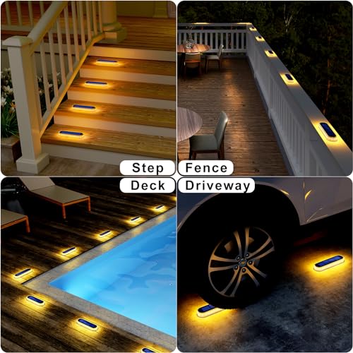 DetarZinLED Solar Step Lights Outdoor Waterproof LED, 4 Pack Warm White Flat Solar Powered Deck Lights for Outside, Stick on Light Bar for Stair, Dock, Patio, Garden, Path, Walkway, Driveway, Porch - size: 4pcs Warm White Bar